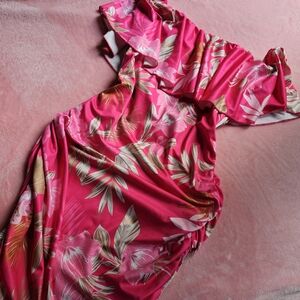 Elegant Girly Hot Pink Floral Off-Shoulder Summer Dress Bodycon Elastic Ruched